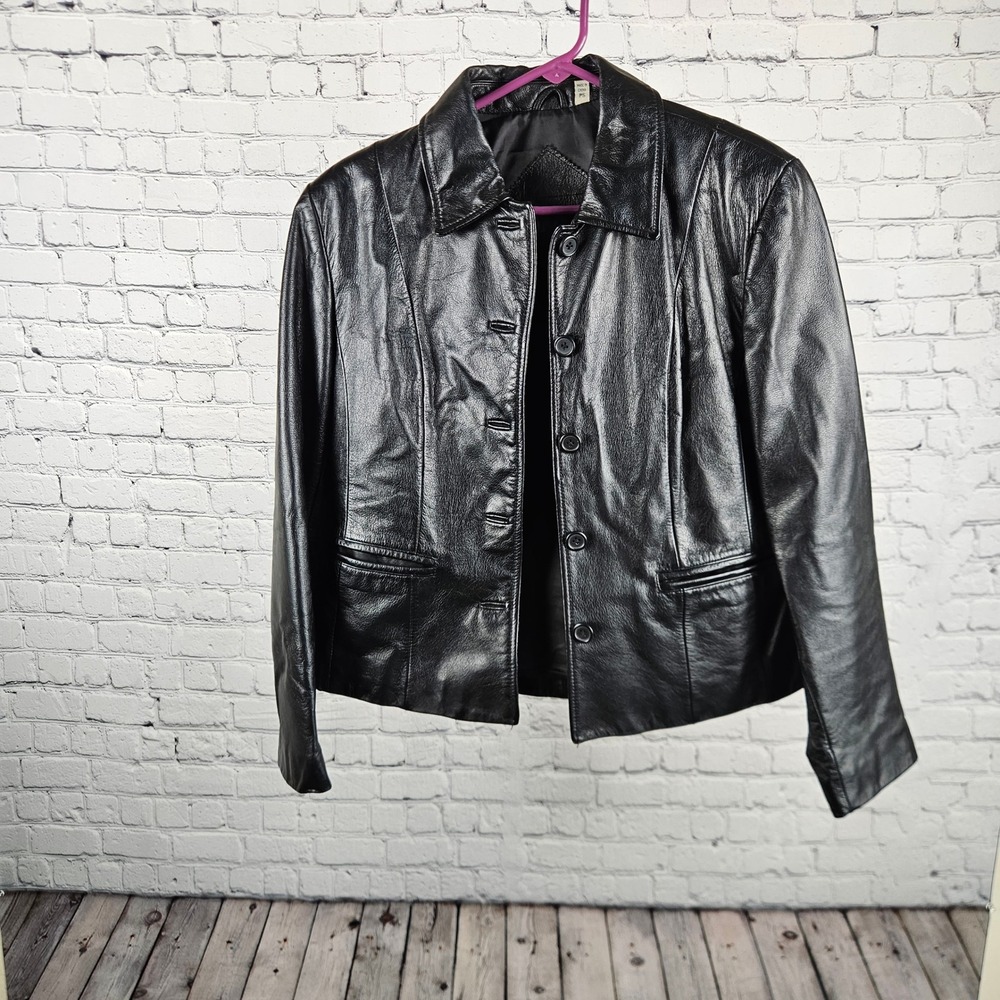 Preston & York Black Genuine Leather Blazer Jacket Button Front Petite Small PS